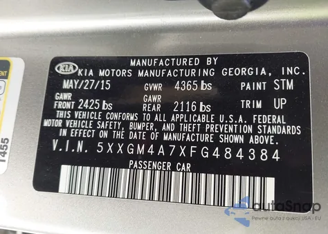 2015 Kia Optima Lx из США, поврежденный, VIN 5XXGM4A7XFG484384